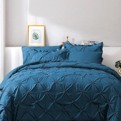 JOLLYVOGUE Teal Twin Size Comforter Sets 5 Pieces, Pintuck Bed in a Bag Comforter Set for Bedroom, Bedding Comforter Sets with Comforter, Sheets,Ruffled Shams & Pillowcases