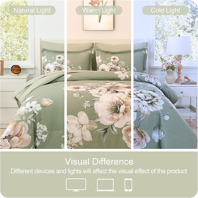 Floral Comforters Queen Size 7 Pieces Botanical Green Flower Bed in a Bag Ulter Soft Microfiber Bedding Set, Lightweight Bed Comforter Set with Sheets for All Season (Green, Queen)