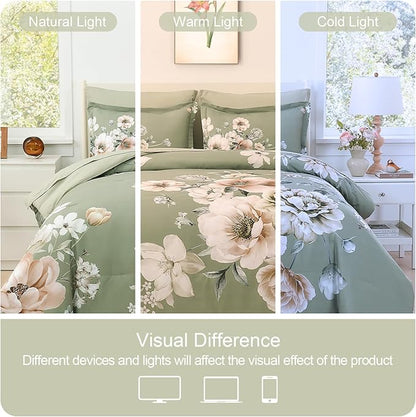 Floral Comforters Queen Size 7 Pieces Botanical Green Flower Bed in a Bag Ulter Soft Microfiber Bedding Set, Lightweight Bed Comforter Set with Sheets for All Season (Green, Queen)
