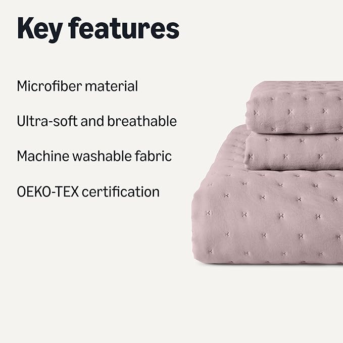 Amazon Basics Brushed Microfiber Quilt Set, Extra Soft with Natural Texture, 3-Piece, Queen/Full, Purple