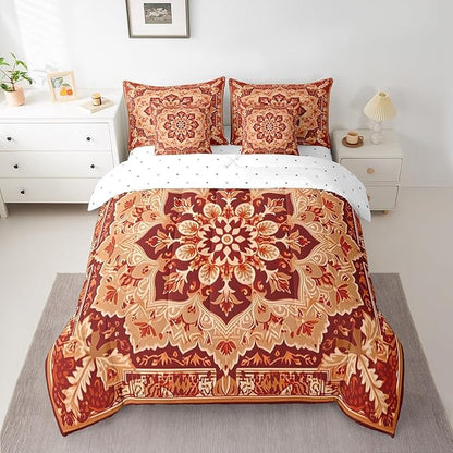 Peony Oriental Medallion Bed in a Bag Art Deco Floral King Bedding Sets, Vintage Paisley Comforter Set Hippie Flower Bedding Comforter Sets 7 Pieces, Retro Rustic Farmhouse Bedding Sets & Collections