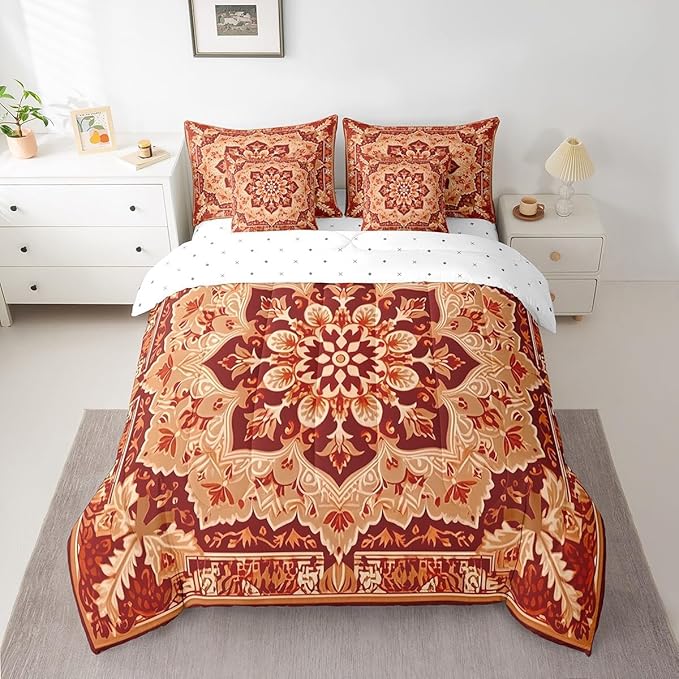 Erosebridal Peony Oriental Medallion Bed in a Bag 7pcs Art Deco Floral Bedding Set, Vintage Paisley Twin Size Comforter Set Hippie Flower Bedding Comforter Sets, Retro Rustic Farmhouse Bed Set