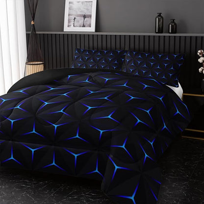 Geometric Blue Argyle Comforter Set,Triangle Honeycomb 3 PCS Bedding Set Full Size for Teen Adult,Modern Quilt Set Geometry Decor,Microfiber Lightweight 1 Comforter 2 Pillowcases