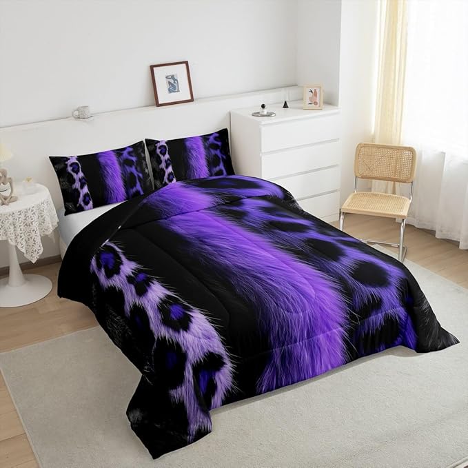 jejeloiu 3D Purple Leopard Bedding Set Queen Size Adult Leopard Comforter Set for Boys Girls Animal Print Duvet Set Wild Animal Fur Quilt Set 3Pcs