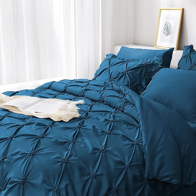 JOLLYVOGUE Teal Full Size Comforter Sets 7 Pieces, Pintuck Bed in a Bag Comforter Set for Bedroom, Bedding Comforter Sets with Comforter, Sheets,Ruffled Shams & Pillowcases