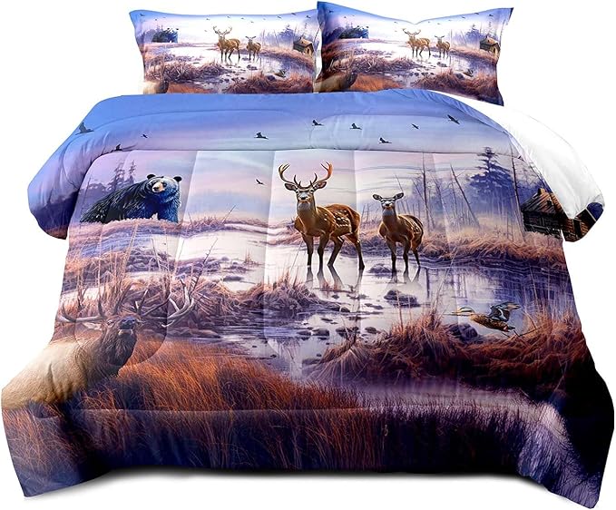 LUVIVIHOME 3PCS Cabin Comforter Set Full Size, Mallard Duck Elk Moose Black Bear Deer Bedding, Lake Forest Animal Wildlife Hunting Hunter Country Lodge Rustic Farmhouse Bedding, 2 Pillow Shams