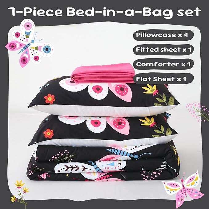 Kids Butterfly Comforter Set Full Size for Girls Black 7 Piece Bed in A Bag Colorful Flowers Leaves Bedding Set for Teens Super Soft All Season