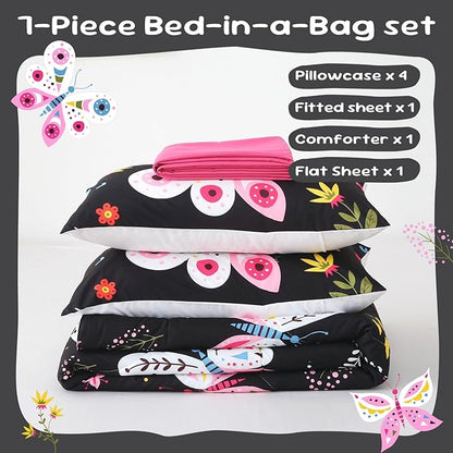 Kids Butterfly Comforter Set Full Size for Girls Black 7 Piece Bed in A Bag Colorful Flowers Leaves Bedding Set for Teens Super Soft All Season