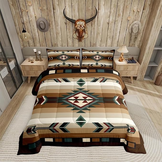 Erosebridal Rustic Bohemian King Comforter Set American Native Southwestern Bedding Set Boho Western Aztec Exotic Bed Comforter Sets for Boys Men Vintage Country Farmhouse Quilt Duvet 3 Pcs