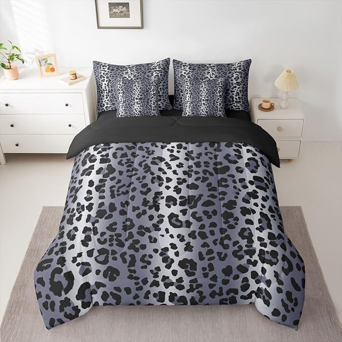 Erosebridal Blue Grey Cheetah Ombre Fur King 7-Piece Comforter Set | Leopard Print Sheets and Pillowcases Women Men Adults Bed in A Bag Wild Animal Skin Pattern Bed Sets
