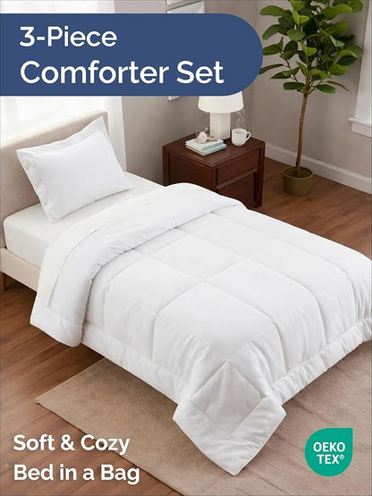 Twin Comforter Set - 2 Piece Bed Set for All Seasons - 1 Soft Quilted Comforter with Corner Tabs & 1 Pillow Sham - Comfy, Cozy & Breathable - Premium Down Duvet Insert - Oeko-TEX - Twin Size, White