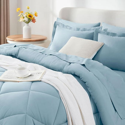 CozyLux Queen Comforter Set Light Blue - Bed in a Bag Queen Size 7 Pieces, Luxury Soft Bed Set for All Seasons, Bedding Set with Down Alternative Comforter, Sheets, Pillowcases & Shams