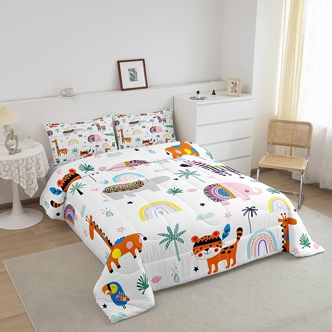 Feelyou Kids Zoo Animal Comforter King for Kids Boys Girls Cute Boho Animals Bedding Set Cartoon Elephant Comforter Set Wild Animals Duvet Set with 2 Pillow Case