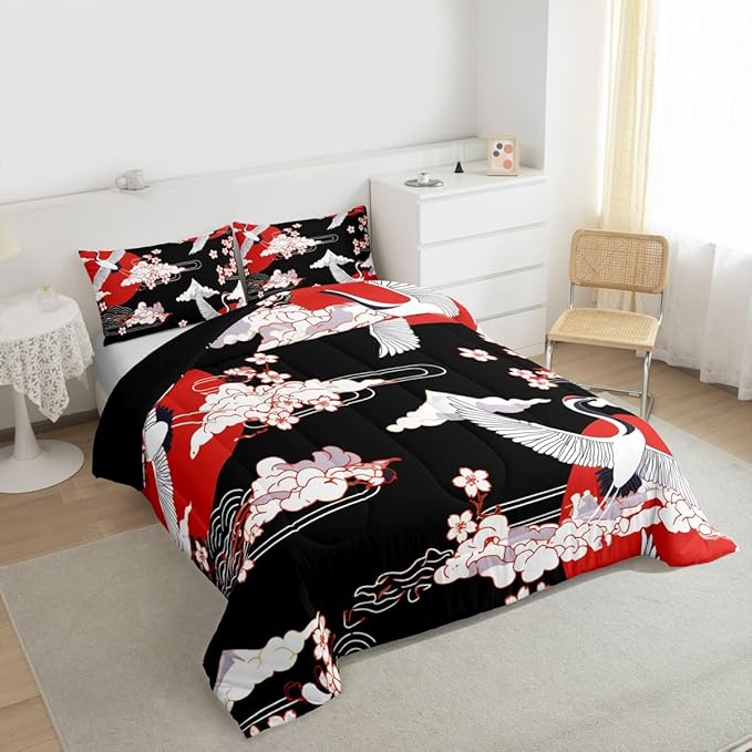 Japanese-Style Comforter Set Twin Size Crane Printed Cherry Blossoms Decor Down Comforter, for Adult Women Girls Teens Japanese Traditional Pattern Quilted Duvet Ukiyoe Theme Bedding Comforters