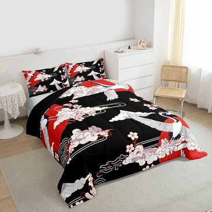 Japanese-Style Comforter Set Twin Size Crane Printed Cherry Blossoms Decor Down Comforter, for Adult Women Girls Teens Japanese Traditional Pattern Quilted Duvet Ukiyoe Theme Bedding Comforters