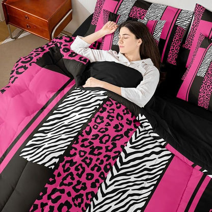 Erosebridal Leopard Print Stripes Black Pink Girls Women 7 Piece Bedding Set Twin | Wild Animal Skin Comforter Set with Sheets Zebra Cheetah Fur Pattern Bed in A Bag Adults Geometric Bed Sets