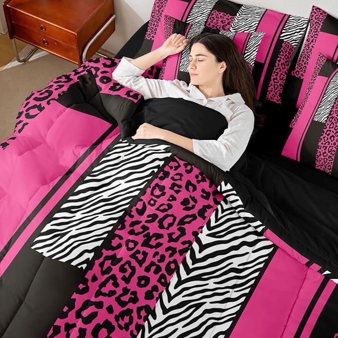Erosebridal Leopard Print Stripes Black Pink Girls Women King 7-Piece Comforter Set | Wild Animal Skin Sheets and Pillowcases Zebra Cheetah Fur Pattern Bed in A Bag Adults Geometric Bed Sets
