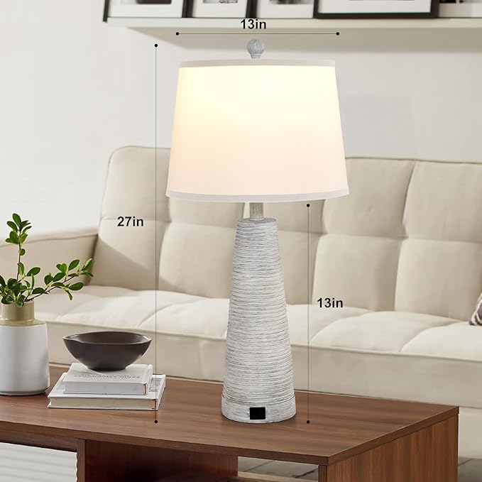 Terpsichore Nightstand Lamp Bedside Lamps Set of 2 Vintage Rustic Farmhouse Table Lamp 3 Way Dimmable Horizontal Stripe Light,for Living Room Bedroom,USB A+C (White, High 27 Inch)