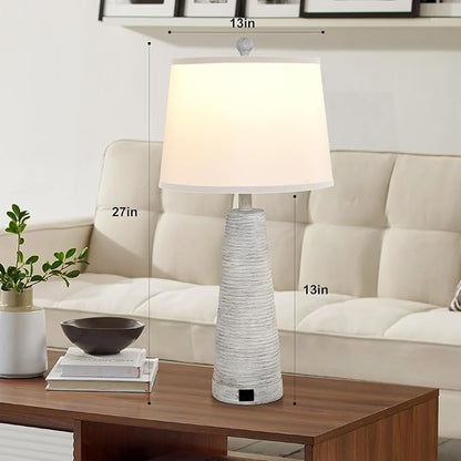 Terpsichore Nightstand Lamp Bedside Lamps Set of 2 Vintage Rustic Farmhouse Table Lamp 3 Way Dimmable Horizontal Stripe Light,for Living Room Bedroom,USB A+C (White, High 27 Inch)