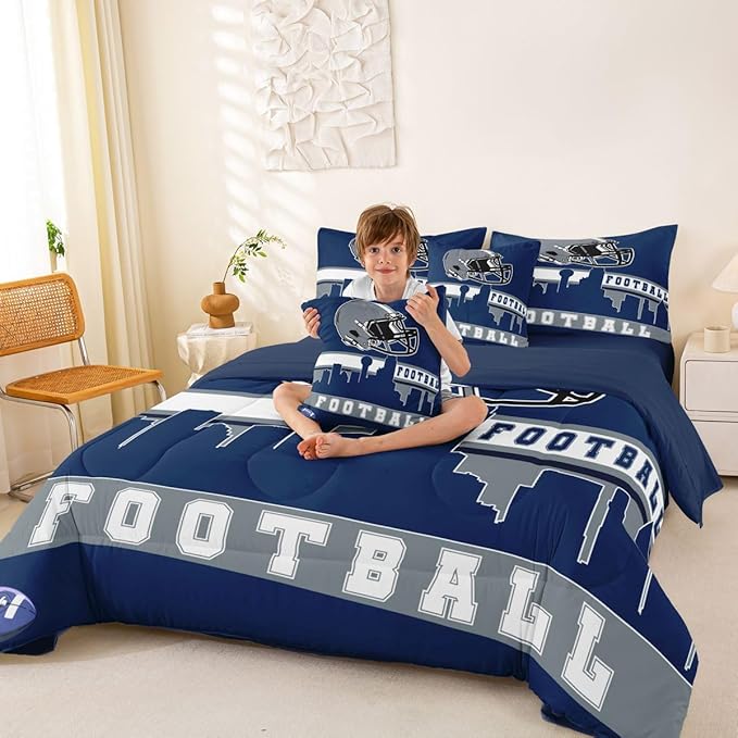 Erosebridal Football City 7 Pcs Comforter Set Twin Football Bedding for Boys Girls Blue Rugby Game Sheet Set Bed in A Bag Football Fans Bedroom Decor Sports Ball Competition Bed Set