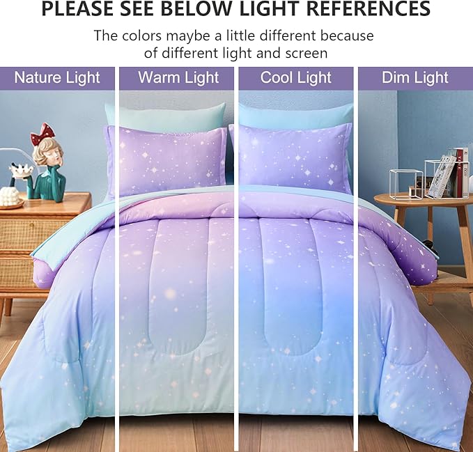 Drucon Rainbow Kids Comforter Set for Girls,6 Pieces Bed in a Bag Twin Size, Ultra Soft Microfiber Bedding Set(1 Comforter, 1 Flat Sheet, 1 Fitted Sheet, 1 Pillow sham, 2 Pillowcases)