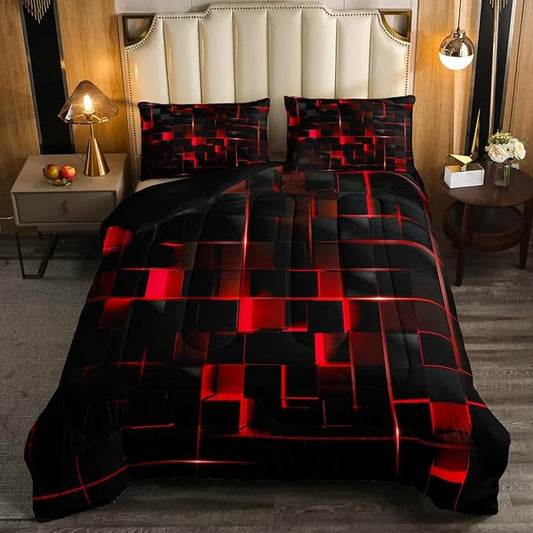 Erosebridal Neon Red Black Comforter Set Twin Size, Geometric Kids Bedding Sets 2 Pcs Honeycomb Bed Set Modern Quilt, 1 Comforter 1 Pillow Case Cool Room Decor All Season B Side Black