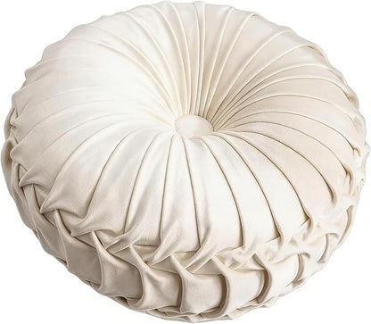 MOCOFO Round Velvet Throw Pillow, Pumpkin Shape Decorative Floor Cushion, Handcrafted Pleated Design, 14 and 16 Inch Diameter, Multiple Colors, Polyester Fill (Off White, 16")