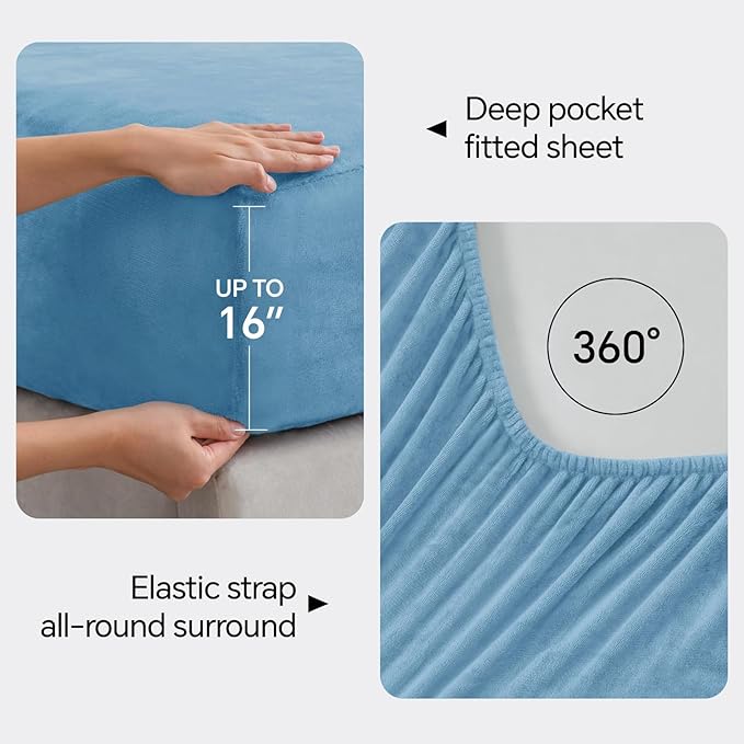 BEDELITE Flannel Sheets King Size Forever Blue - Super Soft Fleece Sheets Set Fluffy Extra Plush, 4 Piece(Include Fitted Sheet, Flat Sheet, 2 Pillowcases)