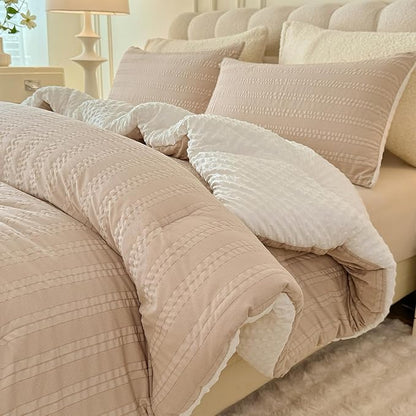 Boho Comforter Set Twin Size Striped Pleats Bohemian Seersucker Bedding Set All Season Soft Cozy 2 Pieces Quilt with 1 Pillowcase(68"X90" Beige)