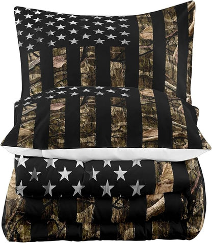 LUVIVIHOME 3PCS Camo Comforter Set Full Size, Rustic Bedding, Black American Flag Bed Set, Country Farmhouse Hunting Bedroom Decor for Men Boys, Soft Microfiber Quilt, 2 Pillow Shams
