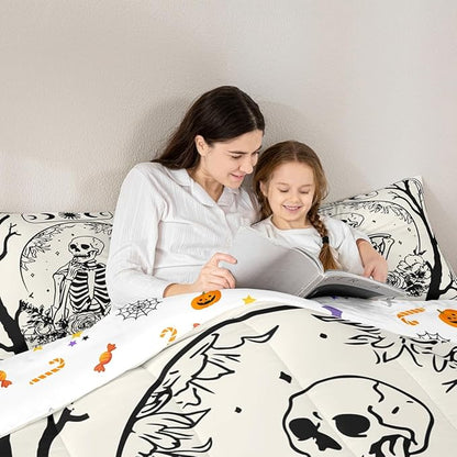 Erosebridal Halloween Gothic Skull Comforter Set King, Goth Skeleton Bedding Set for Kids Teens Youth Women Men Vintage Halloween Decor, Gothic Floral Comforter, Sun and Moon Quilt