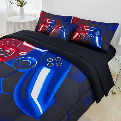 URBONUR 3D Gamer Gamepad Comforter Sets for Boys Girls Kids 6Pcs Gaming Bedding Set Lightweight Microfiber Down Comforters Children Quilted Blanket (Red Blue, Queen)