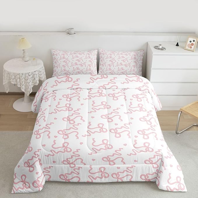Pink Bow Print Bedding Sets Twin Size,Girl Sweet Princess Style Comforter Set 2Pcs for Kids Girls Women Room Decor,Cute Love Pattern Quilted Duvet Girly Bowknot Down Comforter,1 Pillowcase