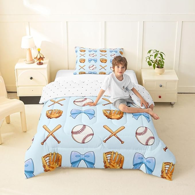 Baseball Bowknot Comforter Set Twin Size,Blue Bow Tie Knot Bedding Sets 2Pcs for Kids Girls Boys Women Room Decor,Baseball Bat Gloves Duvet Insert Ball Sport Games Down Comforter,1 Pillowcase