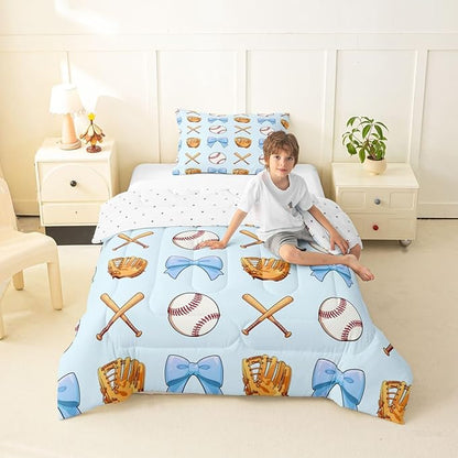 Baseball Bowknot Comforter Set Twin Size,Blue Bow Tie Knot Bedding Sets 2Pcs for Kids Girls Boys Women Room Decor,Baseball Bat Gloves Duvet Insert Ball Sport Games Down Comforter,1 Pillowcase