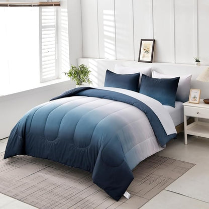 Anibedding Gradient Comforter Set Full Size 6 Pieces Ombre Navy Blue Bed in a Bag Complete Bedding Set - Breathable Solid Ocean Sea Blue Bed Sets with Flat/Fitted Sheet