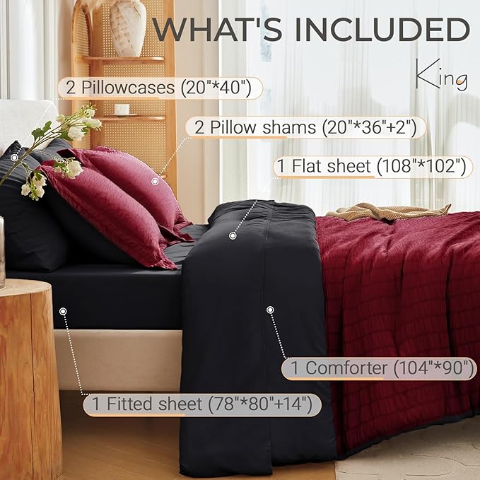 MUXHOMO 7 Pieces King Comforter Set, Seersucker Bed in a Bag King Size, All Season Luxury Bedding Set with Comforter, Flat Sheet, Fitted Sheet, Pillowcases & Shams, Red & Black
