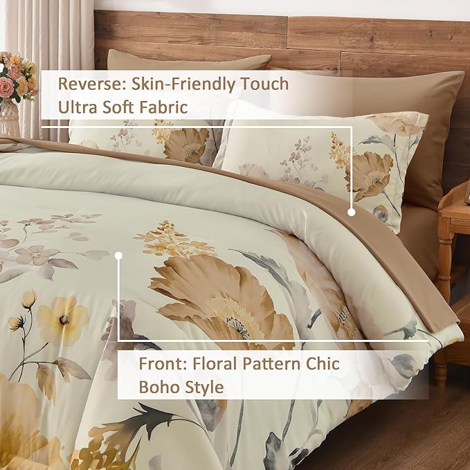 DJY Floral Comforter Set Queen Size 7 Pieces Cream & Warm Yellow Floral Bed in a Bag with Flower Leaves Pattern, Soft Microfiber Botanical Comforter and Sheet Set All Season Bedding Set(90''x90'')