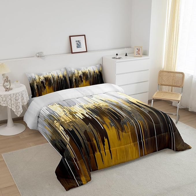 Erosebridal Abstract Graffiti Bedding Full Brown Yellow Comforter Set for Adults, Oil Painting Gradient Down Comforter Modern Artwork Bedding Comforter Sets, Ombre Brush Strokes Duvet Insert