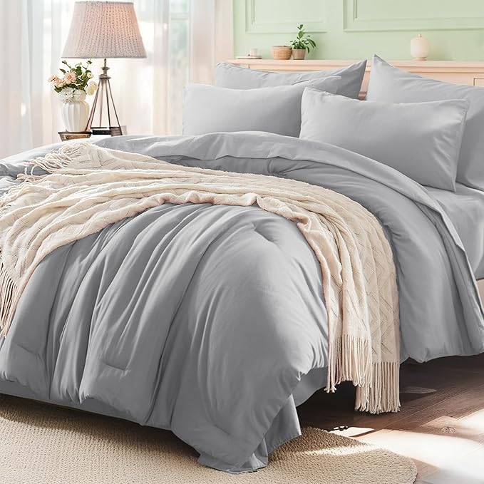 Anluoer Light Grey Full Comforter Set 7 Pieces, Bed in a Bag with Sheets, All Season Bedding Sets with 1 Comforter, 2 Pillow Shams, 2 Pillowcases, 1 Flat Sheet, 1 Fitted Sheet