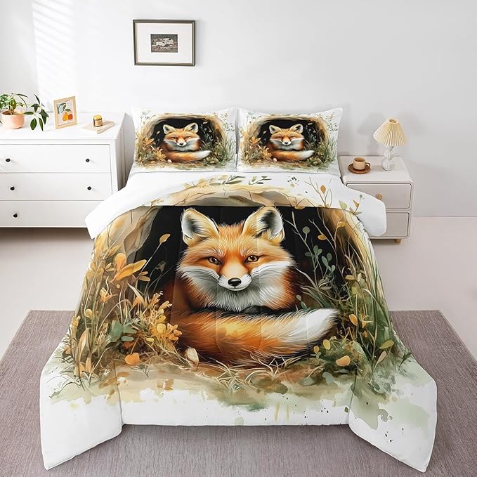 Manfei Fox Kids Comforter Sets Twin Size,Cartoon Animal Cave Bedding Comforter Sets,Rustic Botanical Plants Quilt Sets for Boys Adult Bedroom Decor,Safari Animal Duvet Insert with 1 Pillowcase