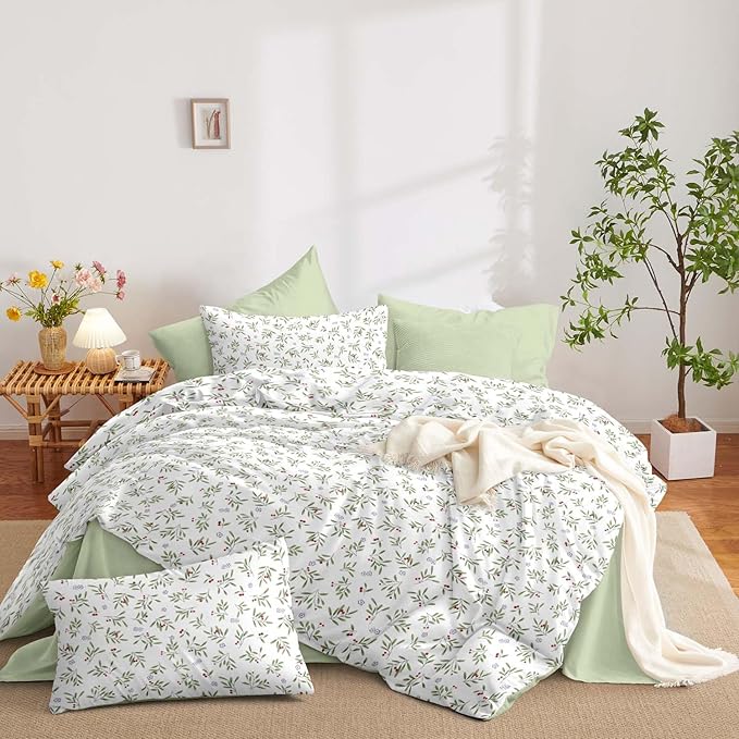 Nayoroom Floral Comforter Set Queen Size Green Botanical Leaf Spring Bedding Set 3 Pieces Soft Lightweight Aesthetic Garden Comforter for All Seasons