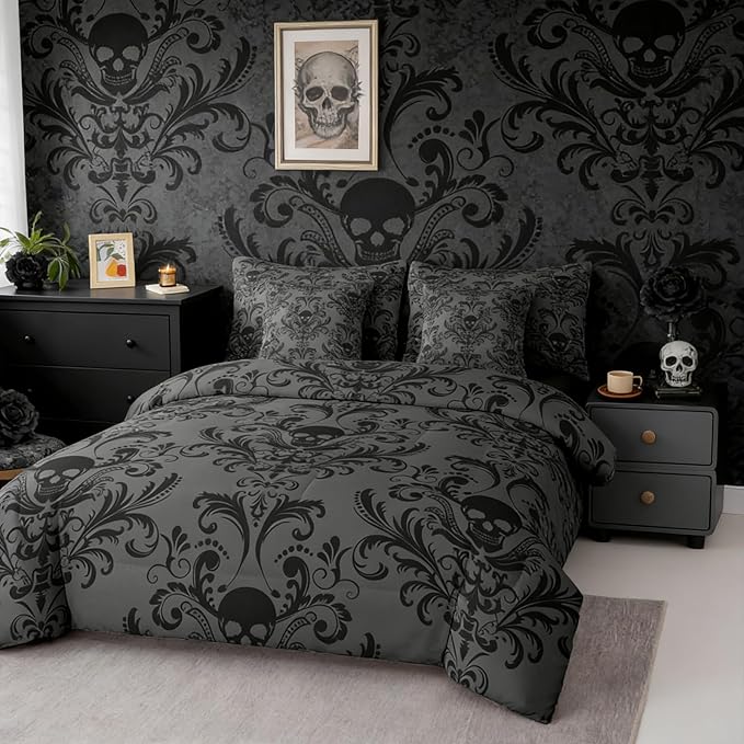Erosebridal Gothic Damask 7 Piece Comforter Set Full Bed in a Bag,Sugar Skull Bedding Sets Black Grey Victorian Floral Goth Sheet Set with Comforter