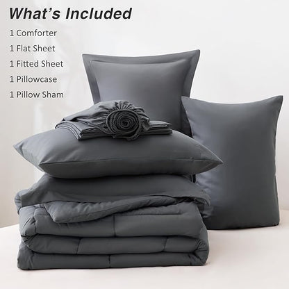 Love's cabin Twin Comforter Set Soot Grey, 5 Pieces Twin Bed in a Bag, All Season Bedding Sets with 1 Comforter, 1 Flat Sheet, 1 Fitted Sheet, 1 Pillowcase and 1 Pillow Sham