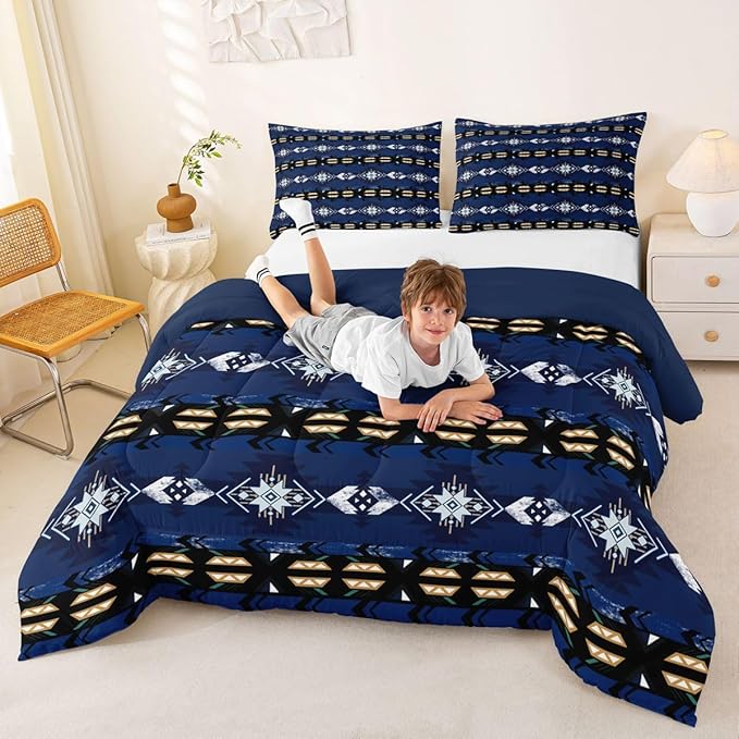 Erosebridal Western Quilt Vintage Geometric Bedding Set,Boho Western Comforter Set Full Duvet Insert,Rustic Home Decor Rustic Farmhouse Bedroom,Aztec Bedding Full Native American Decor Blue