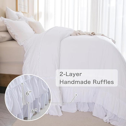 Masaca White Oversized King Comforter Set 120x120,Farmhouse Shabby Boho Chic Ruffle California King Bed Comforter Set French Country Rustic Bedding 3PCS (1 Ruffled Comforter+2 Pillow Shams)