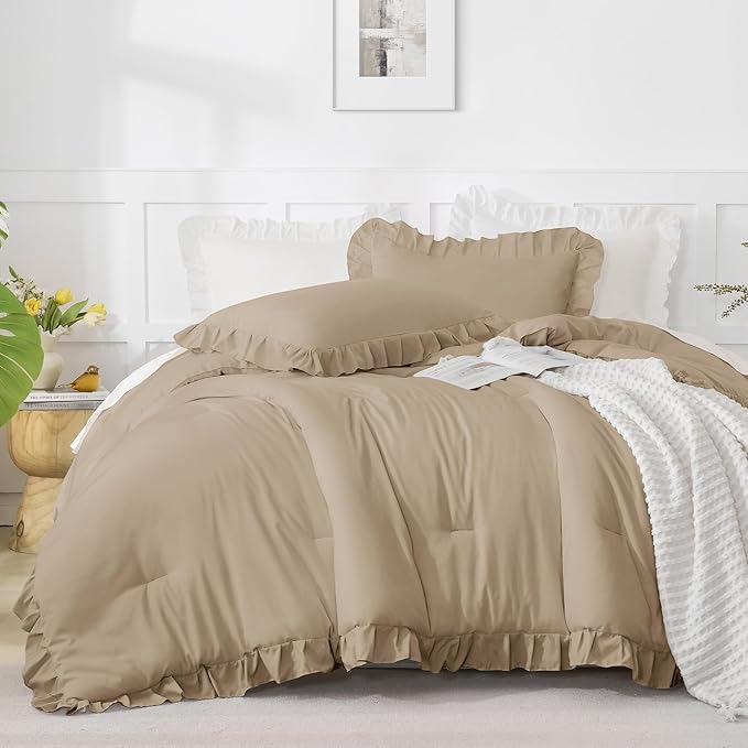 Andency Taupe Full Size Comforter Set, 3 Pieces Boys Men Solid Bedding Comforters & Sets, All Season Farmhouse Fluffy Bed Set Bedspread Blanket Quilts Gifts