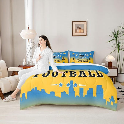 Erosebridal American Soccer 7 Pcs Bedding Set Queen Boys Football City Comforter Set with Sheets Sports Rugby Competitive Games Bed in A Bag Blue Yellow Bed Set for Kids Teen Adults