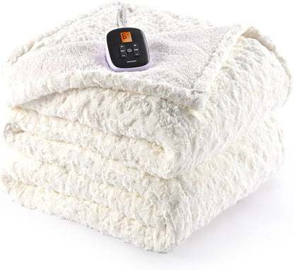 WOOMER Heated Blanket Full Size 77" x 84", Electric Blanket with a Control, 0.5-12 Hours Timer & 10 Heating Levels, ETL Certified, White Roses Patterns Faux Fur & Sherpa, Machine Washable