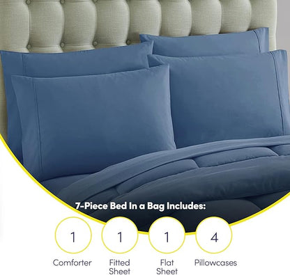 Sweet Home Collection 7 Piece Comforter Set Bag Solid Color All Season Soft Down Alternative Blanket & Luxurious Microfiber Bed Sheets, Denim, Full